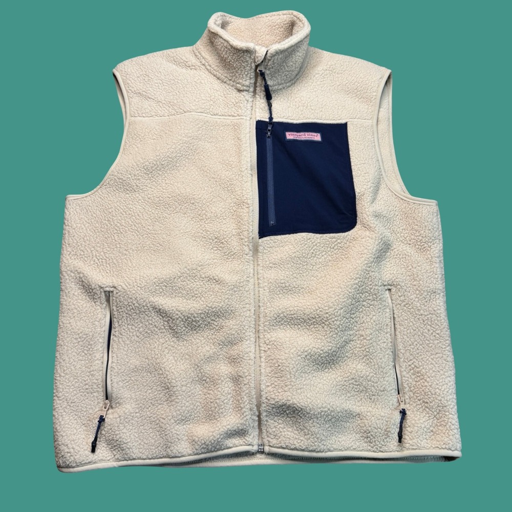 Vineyard Vines Sherpa Fleece Vest Size L Mens Cream Full Zip Preppy Outdoor